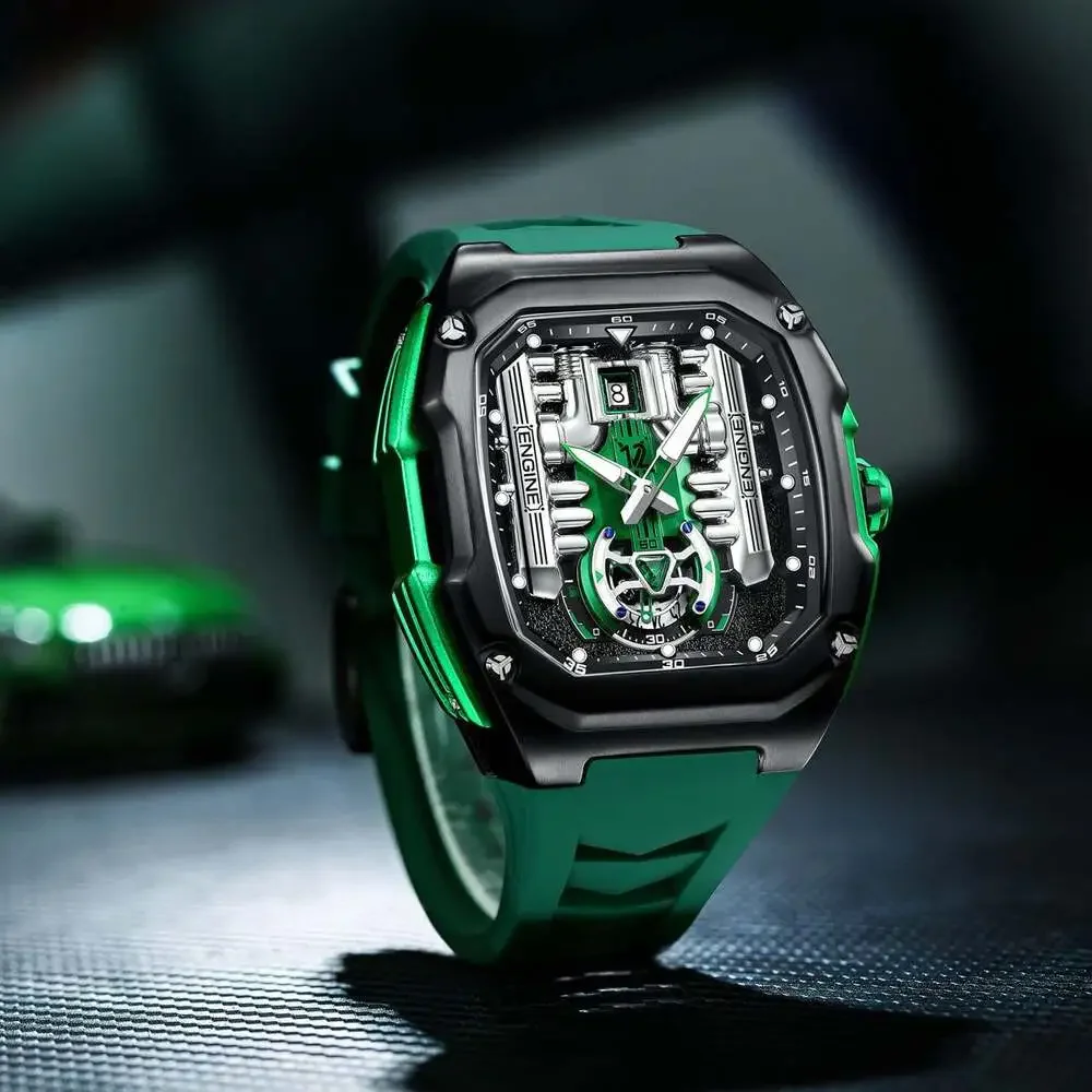 HMN V12 Phantom Engine Skeleton Watch with Green Silicone Strap